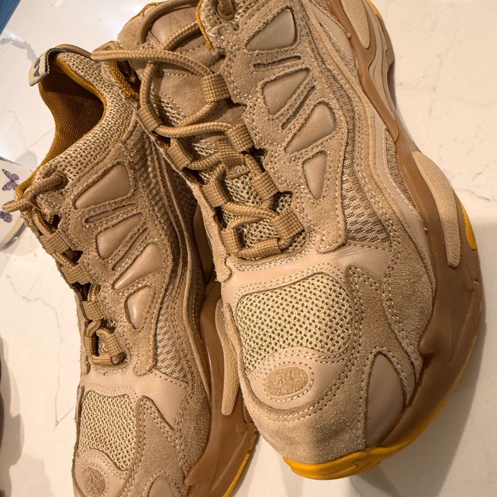 Sandro Tan and Mustard Suede Mesh Sneakers